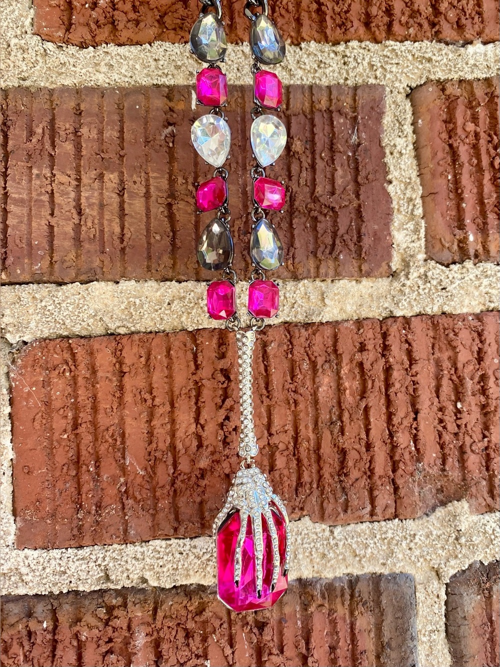 Betsey Johnson Witch’s Hand Necklace with Pink Stone and Black Fingernails